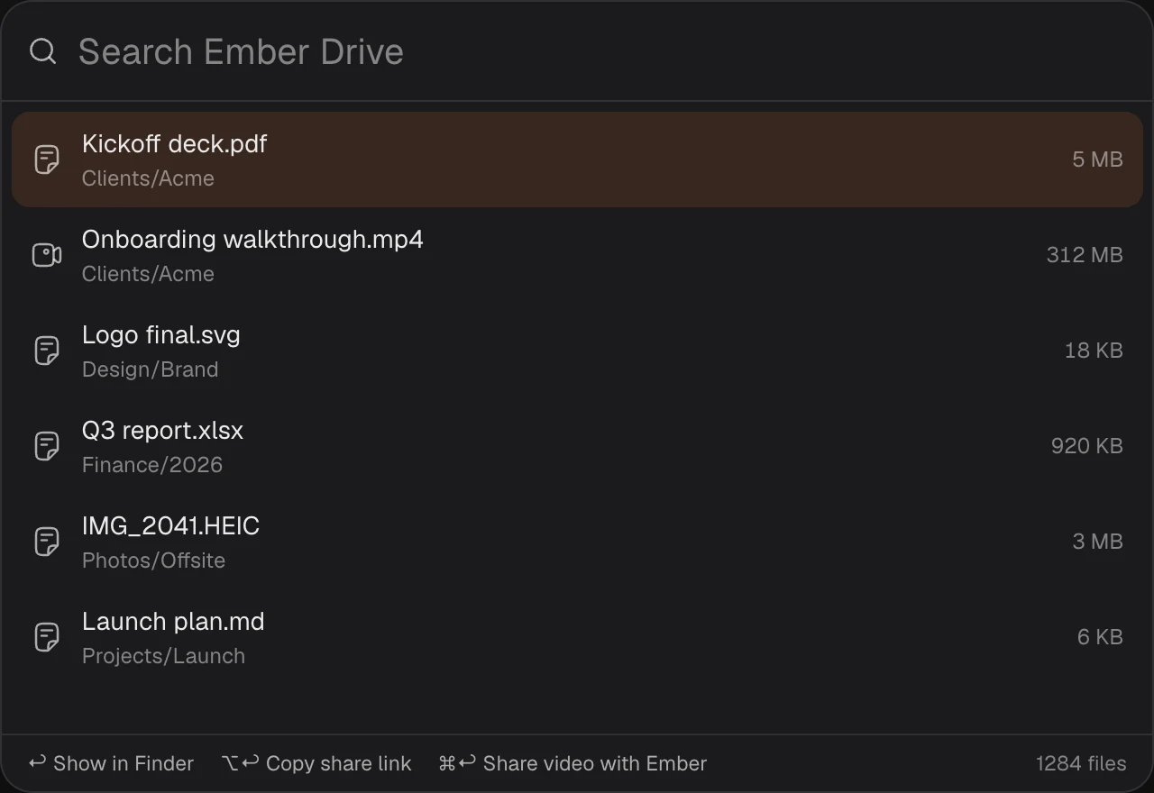 Quick search across Ember Drive: files with their folders and sizes