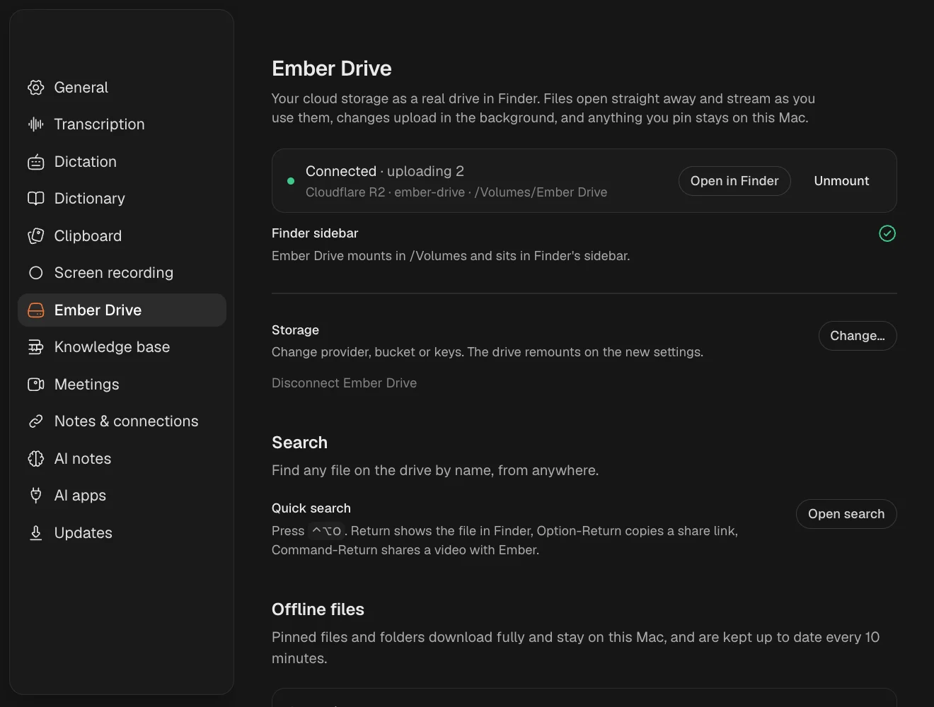 Ember Drive's settings: connected to Cloudflare R2, mounted in Finder's sidebar