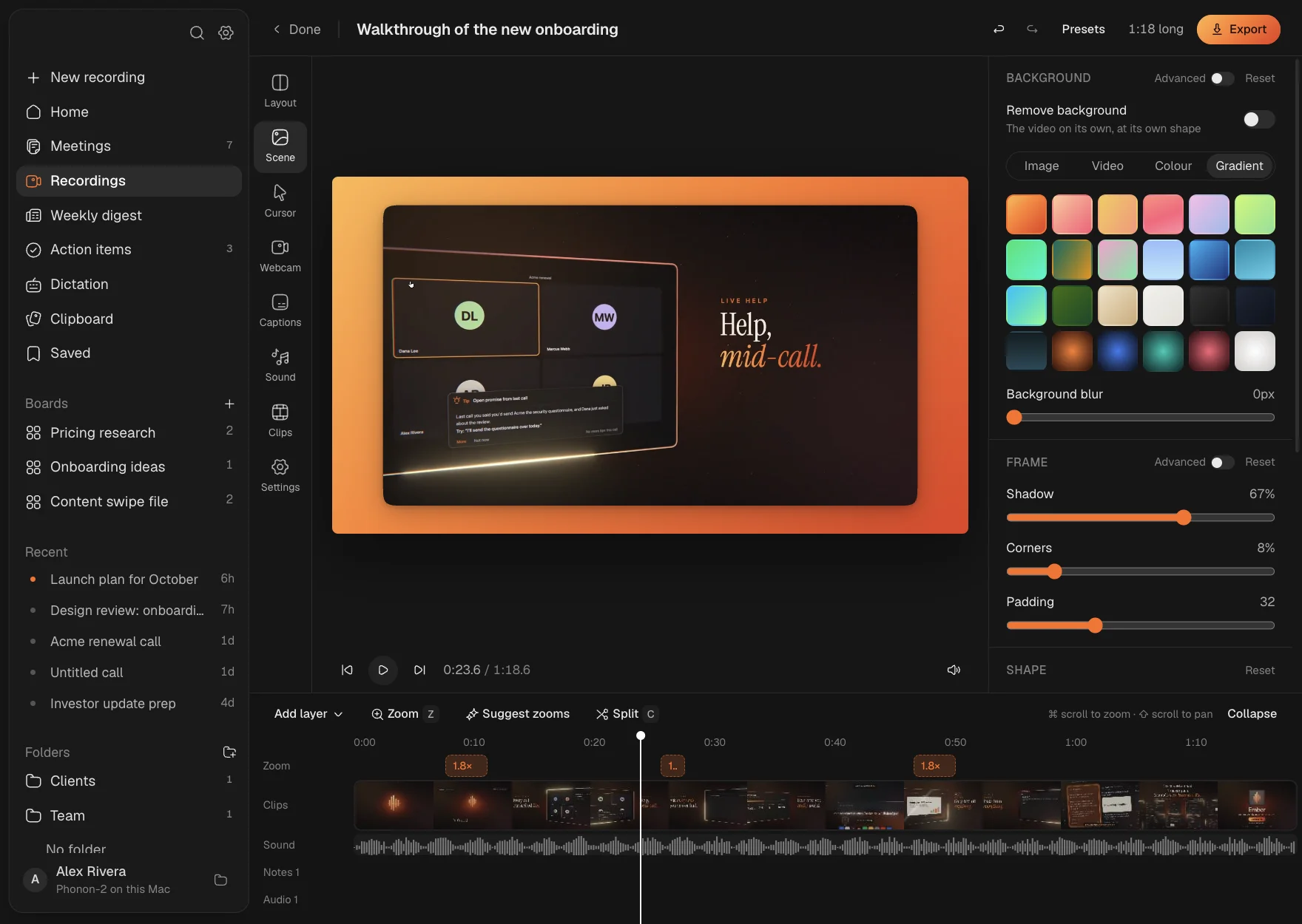 Ember's editor: a recording framed on an orange gradient, with zooms on the timeline and background options