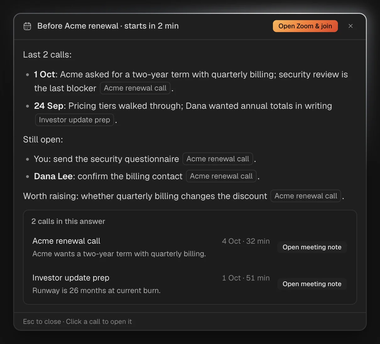 A briefing before a call with Acme: the last two calls, what's still open, and an Open Zoom and join button