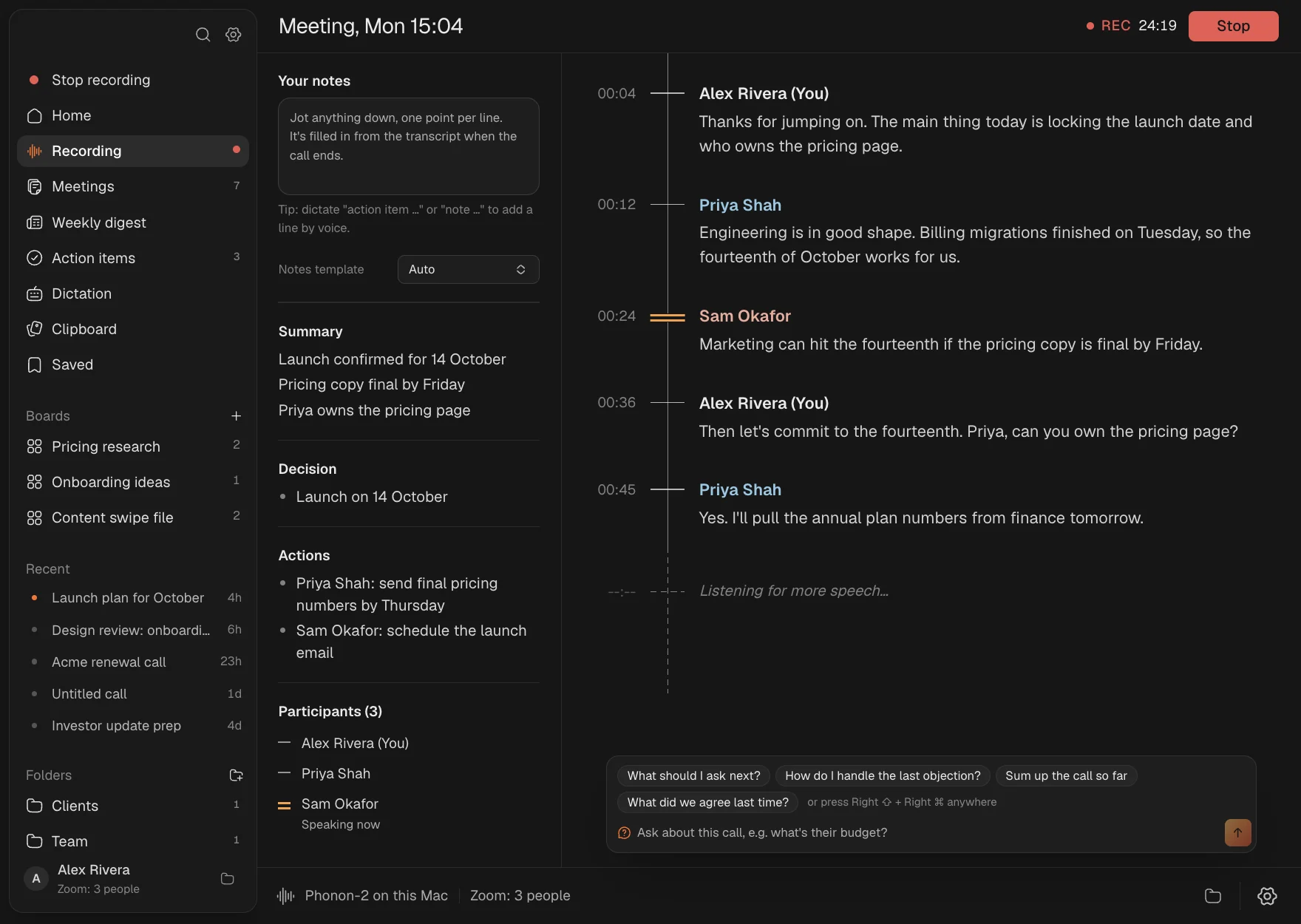 Ember recording a call: notes on the left and the live transcript, speaker by speaker, on the right